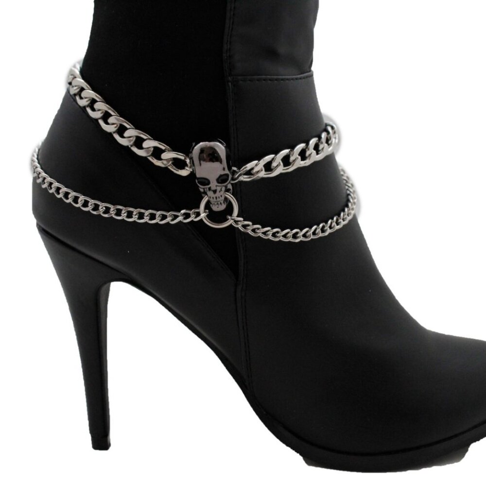 Women 2 Boots Bracelet Silver Metal Chains Skeleton Skull Anklet Shoe Charm PAIR - Picture 12 of 17